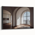 Black and white vintage poster art of architectural arches on framed canvas, suitable for bedroom wall decor.