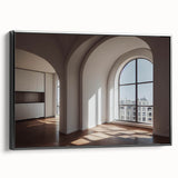 Black and white vintage poster art of architectural arches on framed canvas, suitable for bedroom wall decor.
