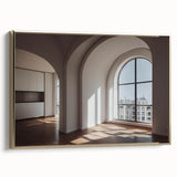 Framed canvas showing a vintage poster of architectural arches in black and gold tones, suitable for bedroom decor.