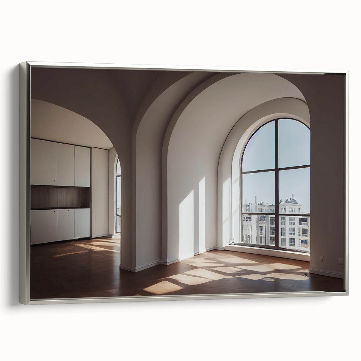 Framed canvas featuring a vintage poster art of colorful landscape paintings with black wall art elements.