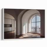 Vintage poster art of architectural arches in black and colorful hues on extra large framed canvas.