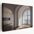 Arched architecture design in muted earth tones on a large stretched canvas, ideal for kitchen wall decor.