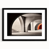 Extra large colorful art print featuring abstract, textured arch designs in vibrant hues on a black framed canvas.