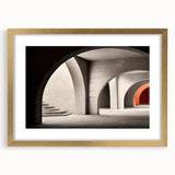 Abstract art print featuring symmetrical arch designs in neutral shades, framed in gold, ideal for dining room decor.