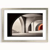 Textured art depicting abstract arches in muted gray, printed on framed canvas, suitable for bedroom decor.