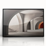 Large abstract wall art featuring black and white arches in a mid-century modernist style, framed in black acrylic.