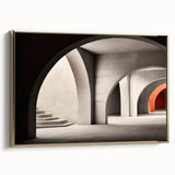 Vintage poster art of colorful arches on a black background, framed canvas, ideal for living room decor.