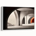 Framed canvas featuring a black and white vintage poster of architectural arches, ideal for bedroom wall art.