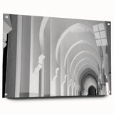 Large abstract wall art featuring geometric arches in muted earth tones on acrylic glass.