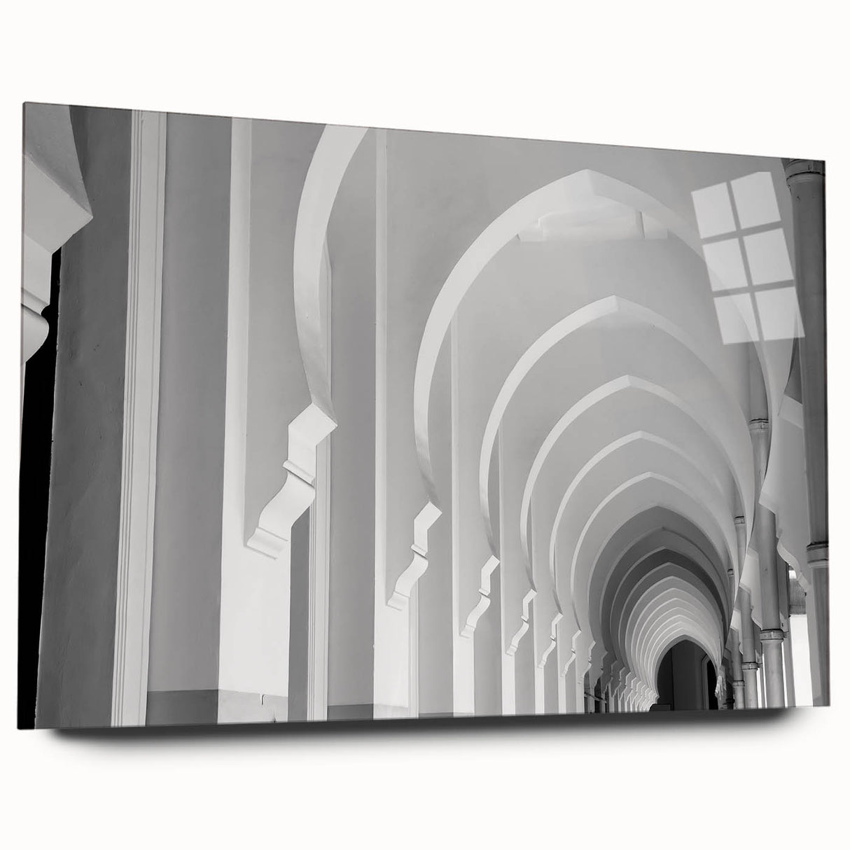 Large abstract wall art featuring overlapping arches in muted beige on acrylic glass.