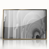 Mid-century modernist arch design in gold and black hues, acrylic print framed, suitable for modern art wall decor.
