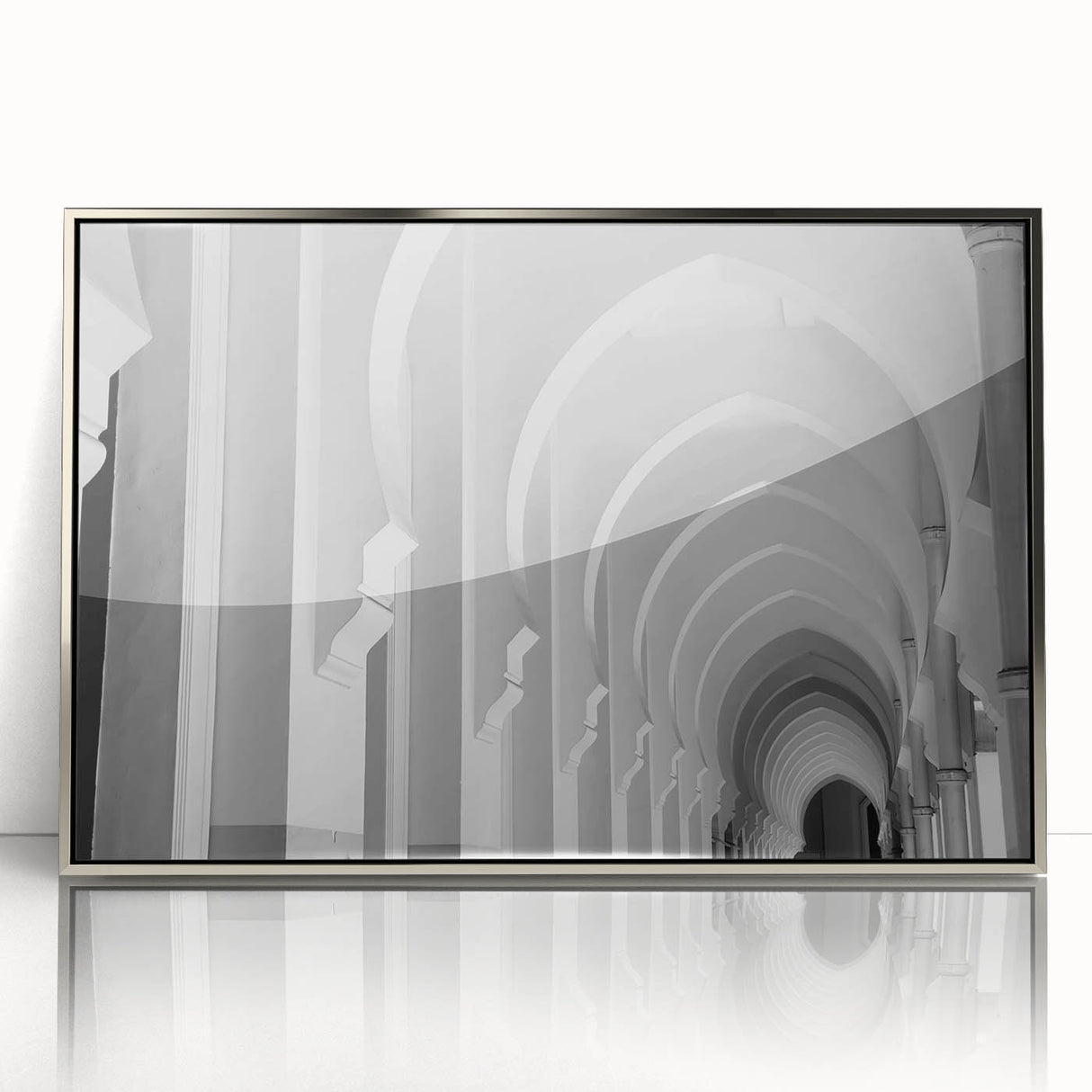 Mid-century modernist art featuring silver arches on framed acrylic, ideal for nursery wall decor.