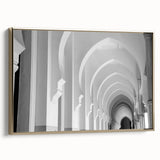 Vintage poster art of colorful arches on a black background, framed canvas, ideal for living room decor.