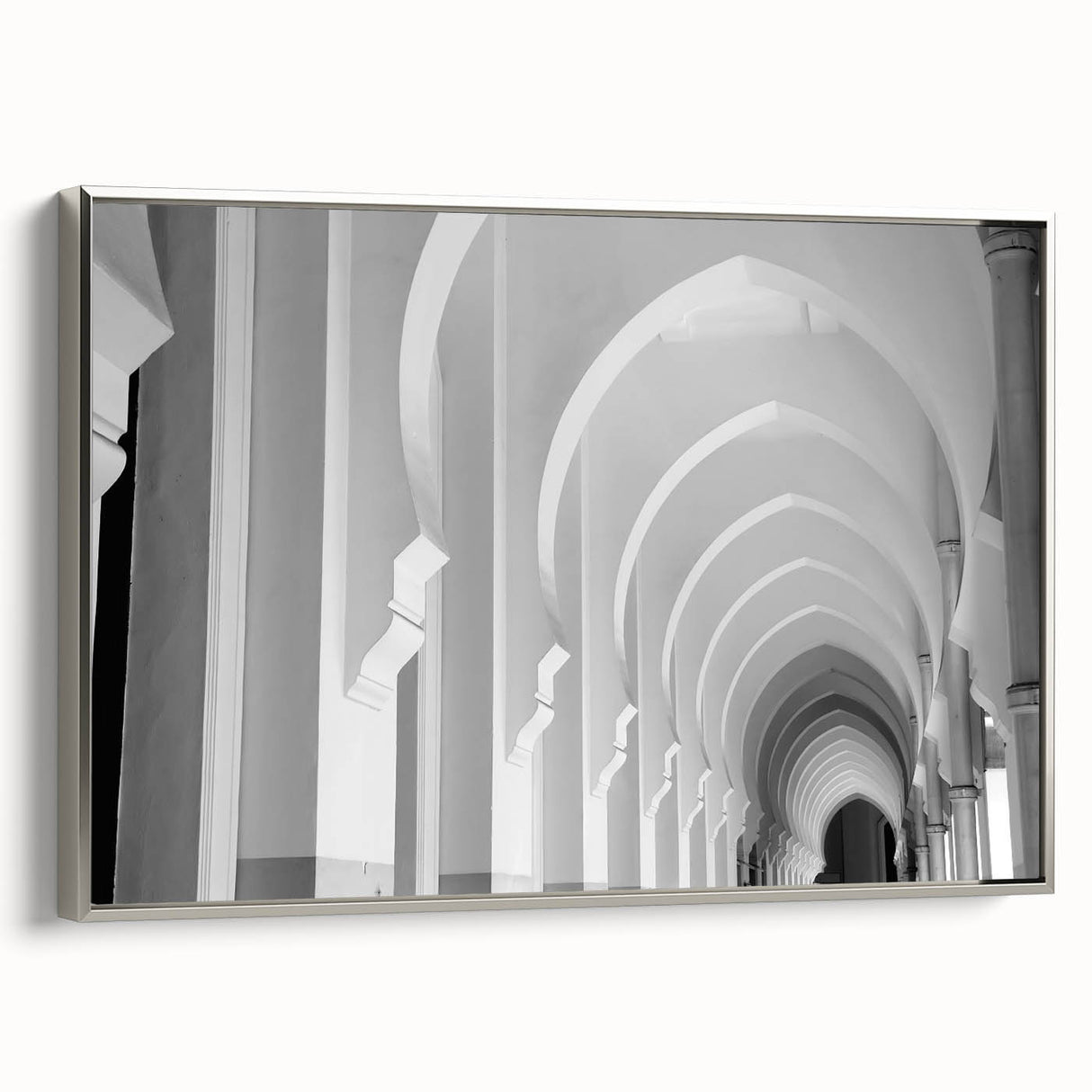 Black and white vintage poster art of architectural arches on framed canvas, suitable for bedroom wall decor.