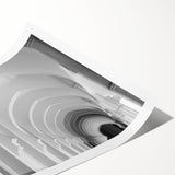 Extra large rolled print featuring line art flowers with arches in black and white, ideal for large living room wall art.