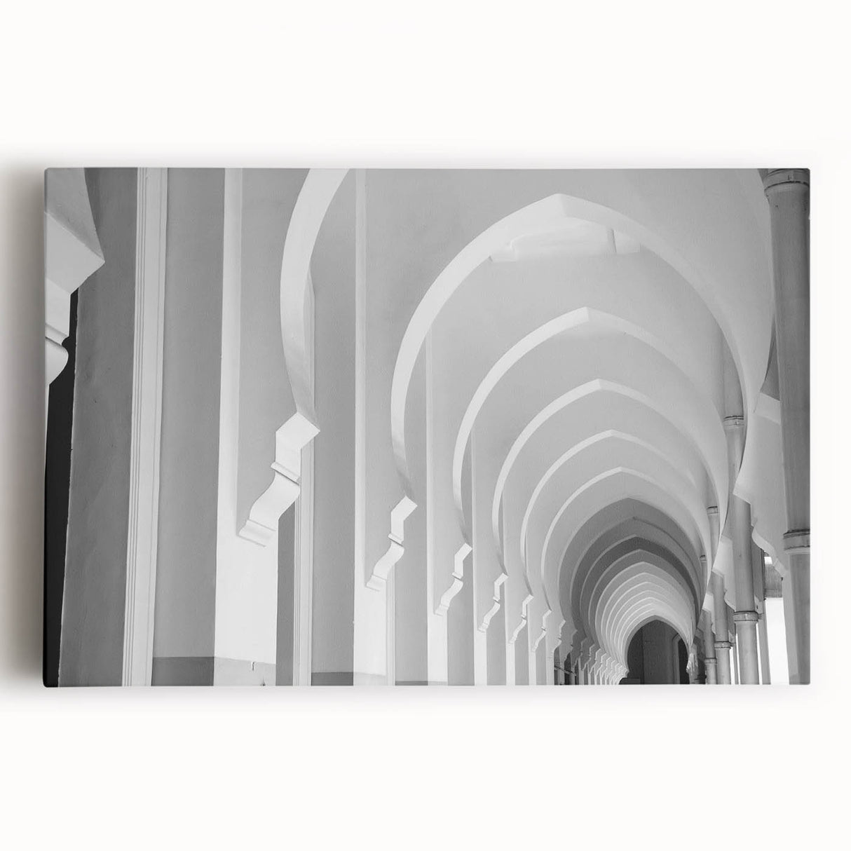 Black and white photograph of architectural arches on stretched canvas, ideal for kitchen wall art or bedroom ambiance.