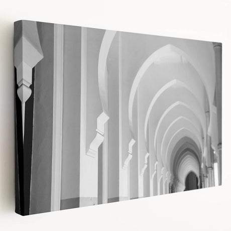 Architectural design of arched structures in muted beige tones on stretched canvas, suitable for kitchen wall art.