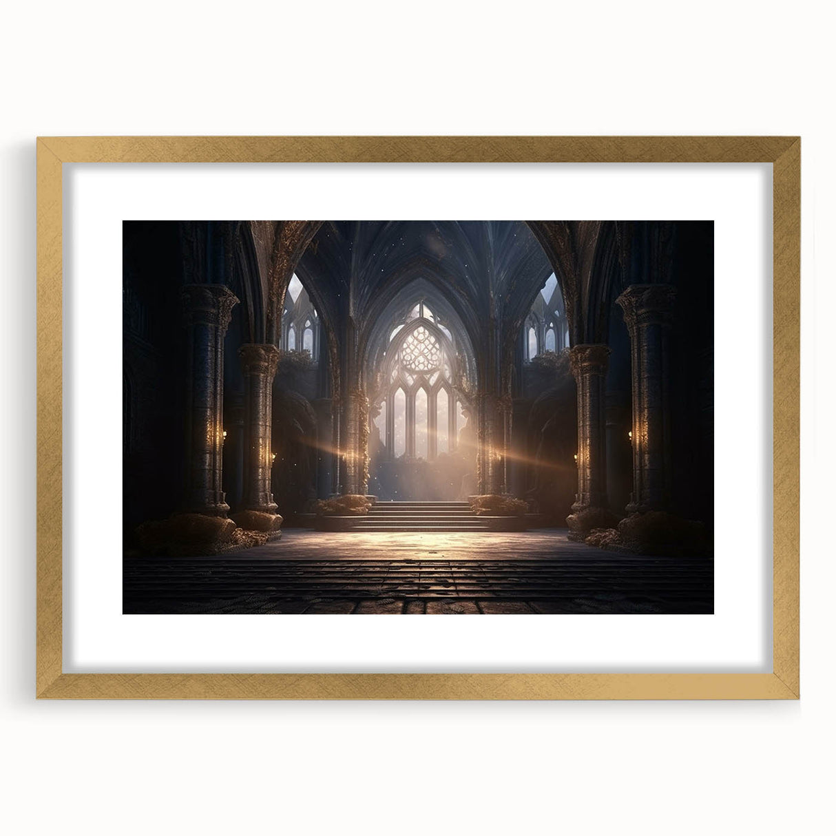 Abstract art print featuring symmetrical arches in muted gold and white tones, framed in gold.