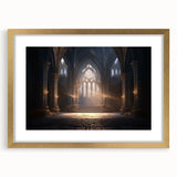 Abstract art print featuring symmetrical arches in muted gold and white tones, framed in gold.
