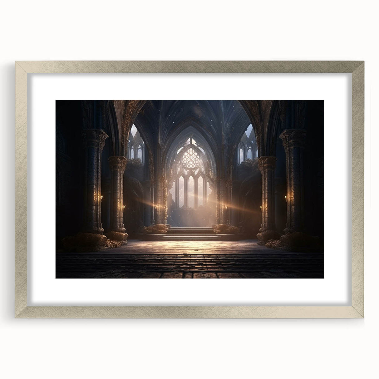 Textured art depicting abstract arches in neutral tones on a silver-framed mat, ideal for bedroom decor.