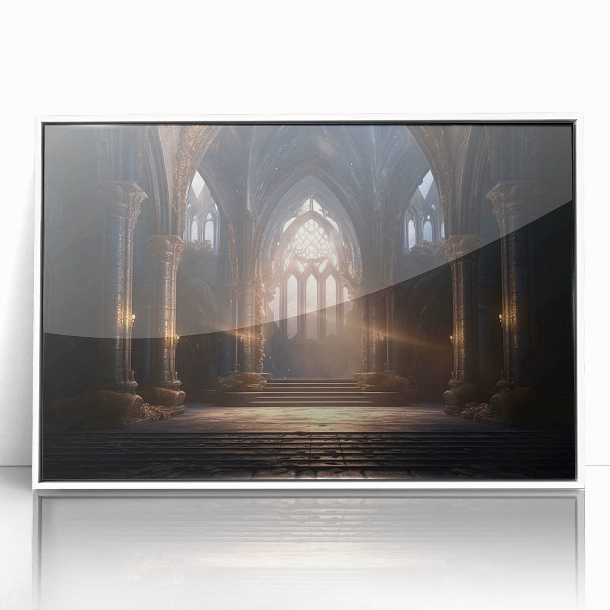 Mid-century modernist arches in neutral tones on a large framed acrylic print, suitable for modern art wall decor.