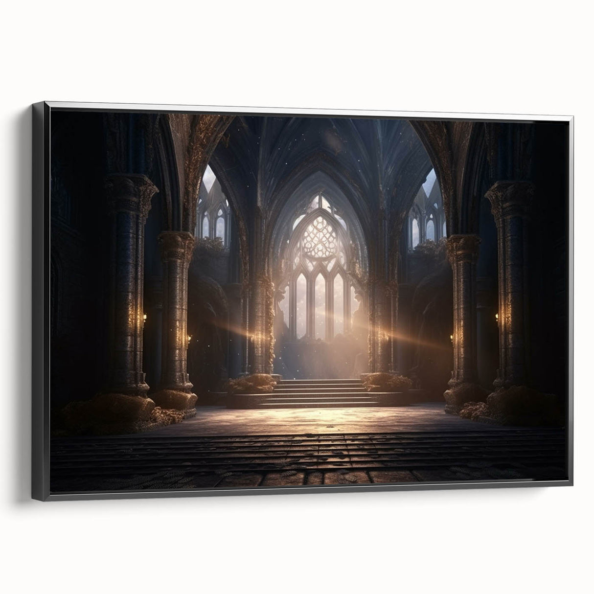 Black and white framed canvas depicting a series of architectural arches in a vintage poster style.