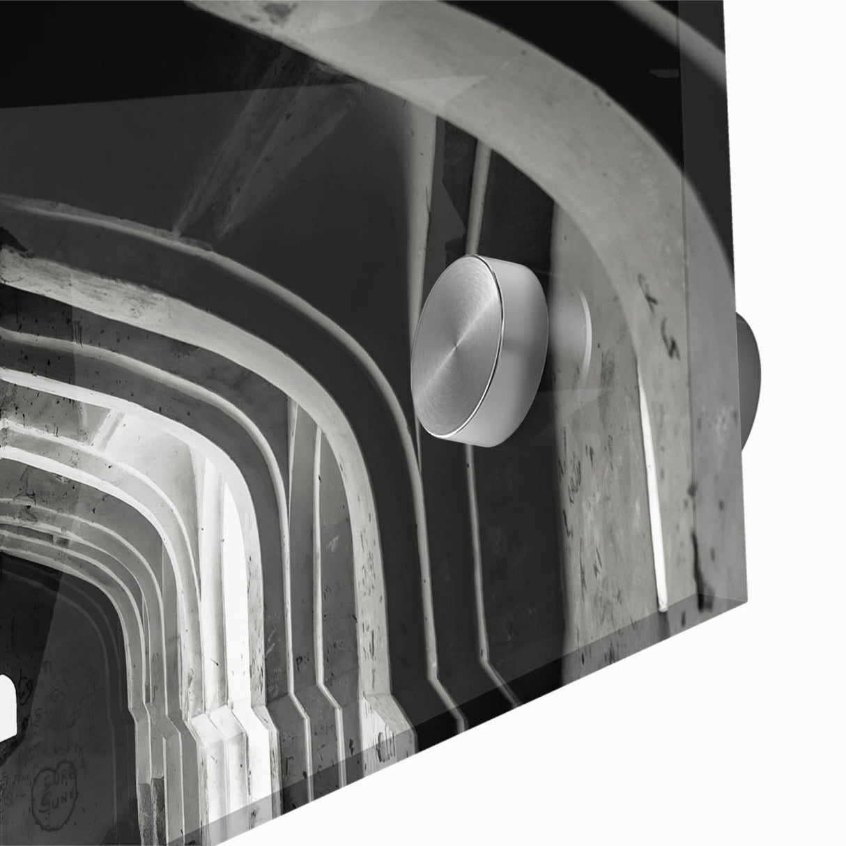 Mid-century modernist large abstract wall art of architectural arches in muted gray and blue tones on acrylic glass.