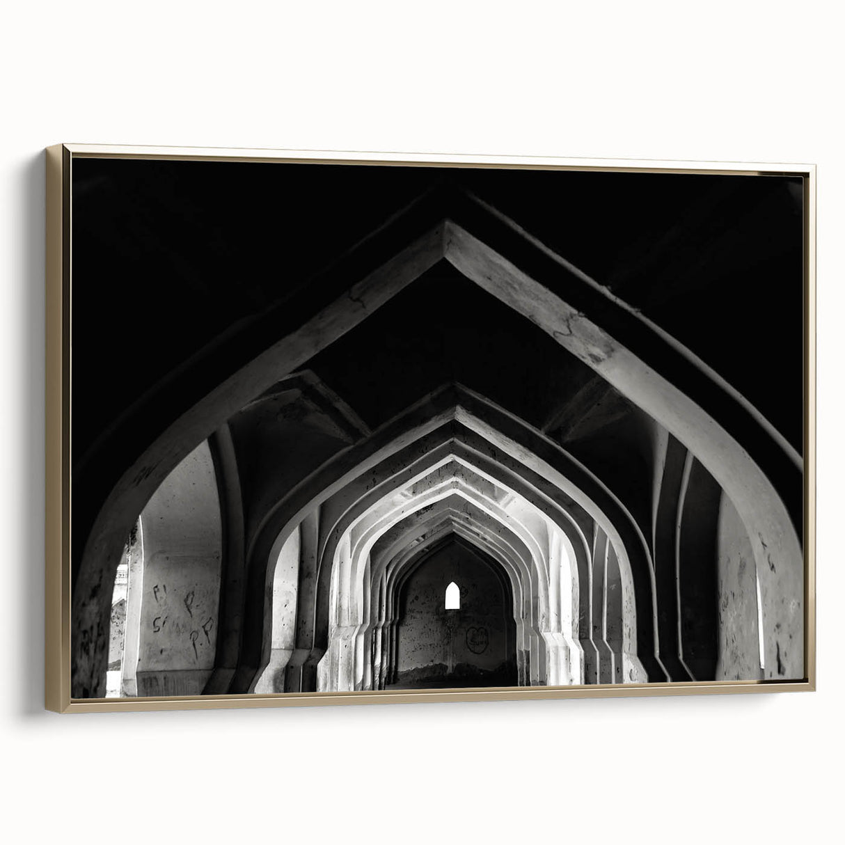 Framed canvas featuring a vintage poster art of black architectural arches, ideal for bedroom wall decor.