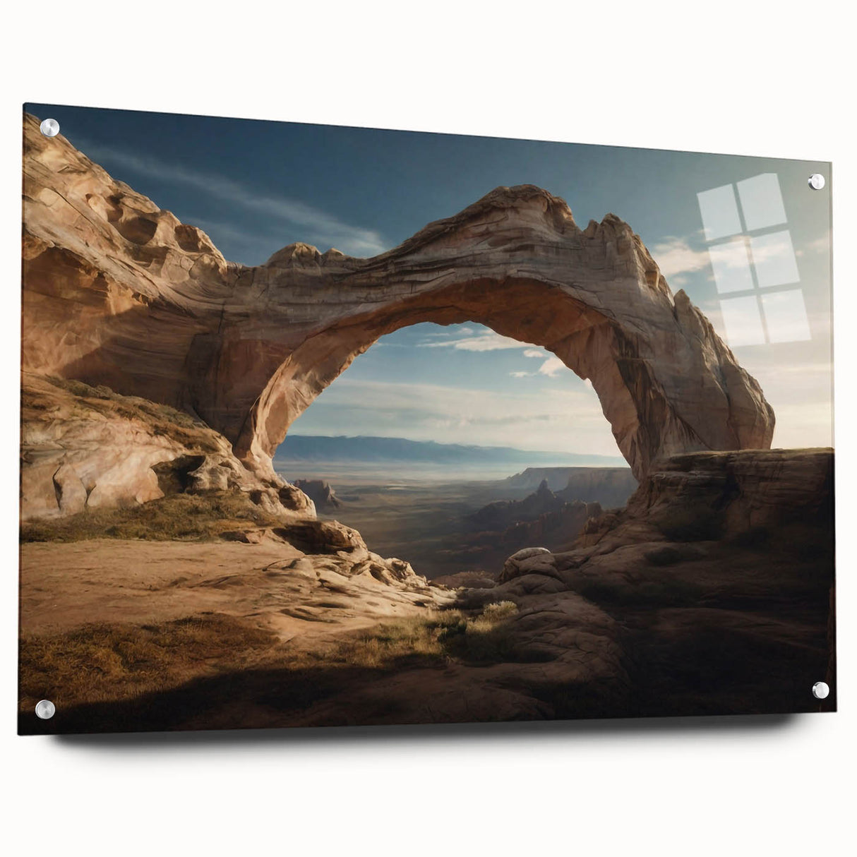 Large abstract wall art featuring architectural arches in muted gray tones on acrylic glass.