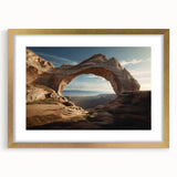 Abstract art print featuring curved arches in muted gold and white tones, framed in gold, suitable for dining room decor.