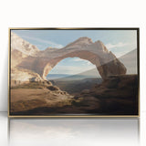 Mid-century modernist art featuring symmetrical gold arches on a framed acrylic, ideal for nursery wall art.