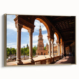 Vintage poster art of colorful arches in black and gold on a framed canvas, ideal for living room decor.