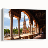 Framed canvas featuring a black and white vintage poster of architectural arches, ideal for office decor.