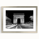 Abstract art print featuring geometric arches in muted gray, framed in silver, ideal for dining room decor.