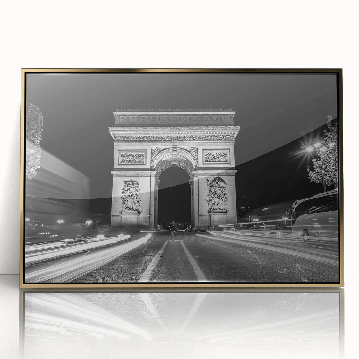Mid-century modernist art depicting architectural arches in muted gold tones on a framed acrylic.