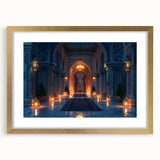 Textured abstract art print featuring curved arches in gold and white tones, framed in gold, ideal for bedroom art.