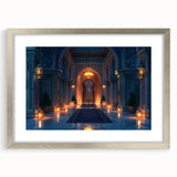 Abstract art print featuring symmetrical arch designs in muted gray, framed in silver, ideal for dining room decor.