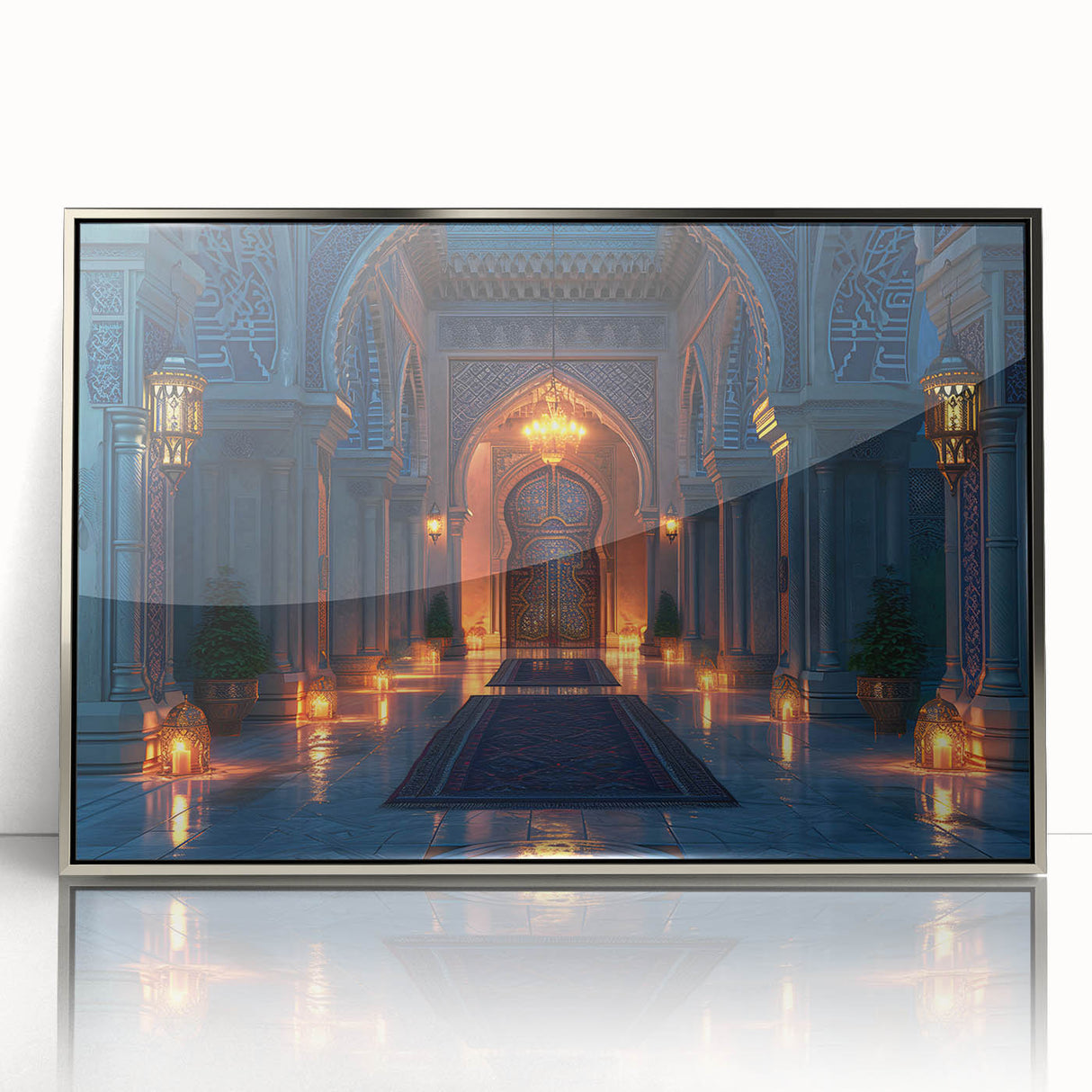 Art deco poster featuring symmetrical arch designs in silver tones on acrylic, ideal for modern art wall decor in a nursery.
