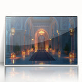 Mid-century modernist arch design in muted earth tones on a large framed acrylic print, suitable for modern art wall decor.