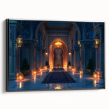 Black and white framed canvas showcasing a vintage poster art style landscape with architectural arches.