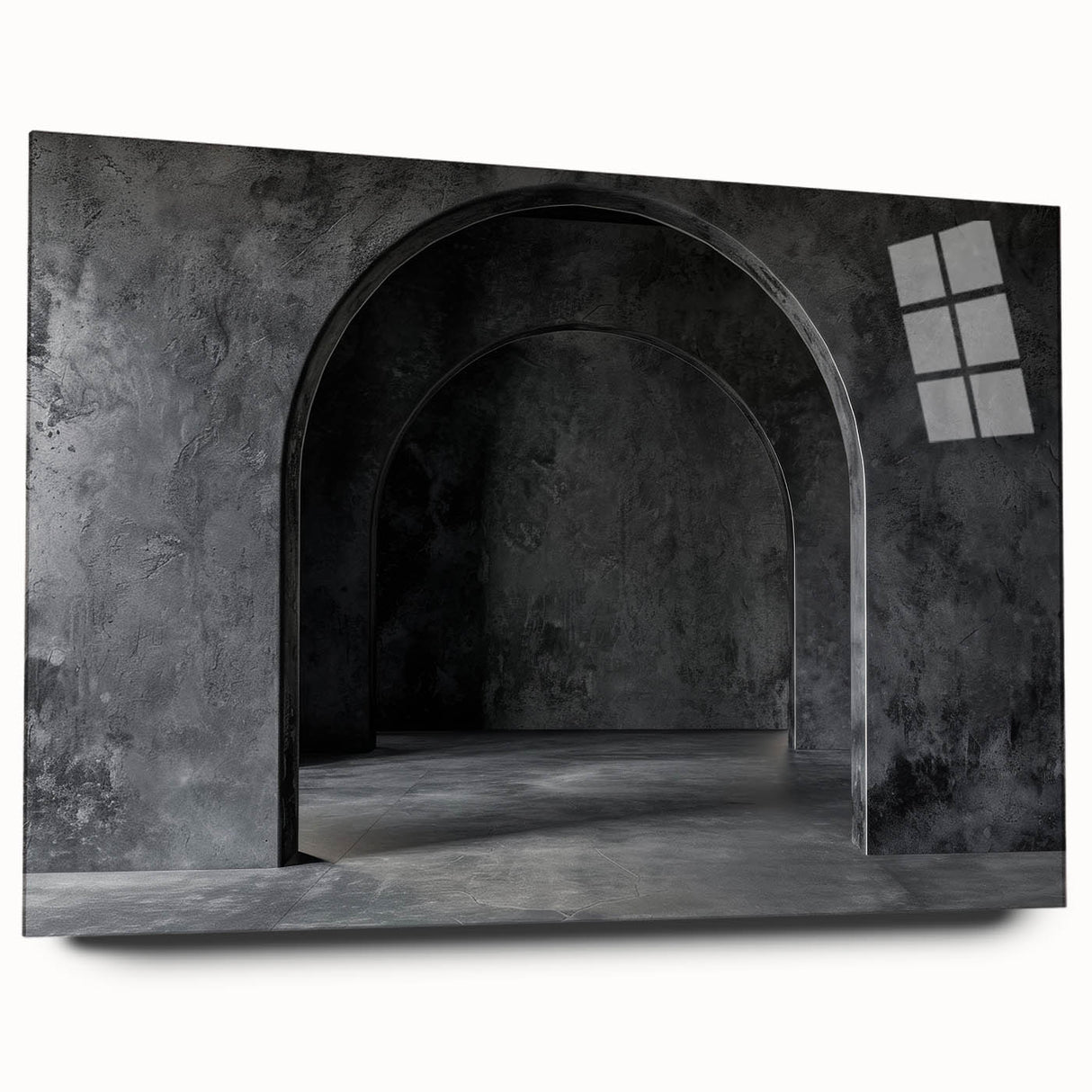 Large abstract wall art on acrylic glass featuring geometric arch designs in neutral tones.