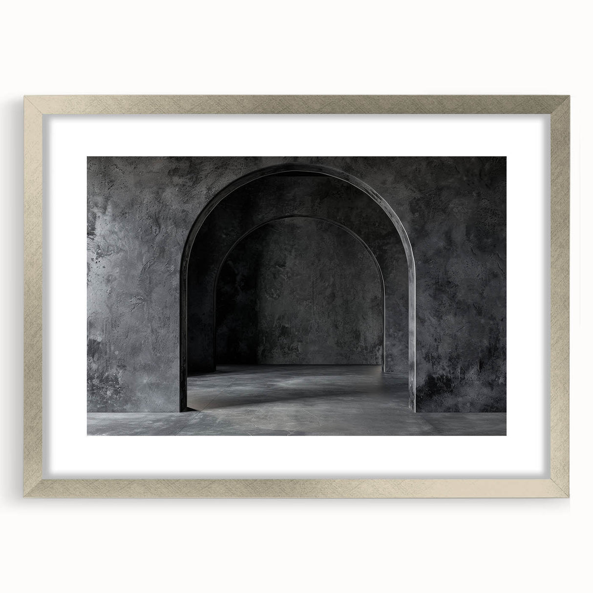 Textured art depicting abstract arches in muted earth tones on a framed silver mat, suitable for bedroom decor.