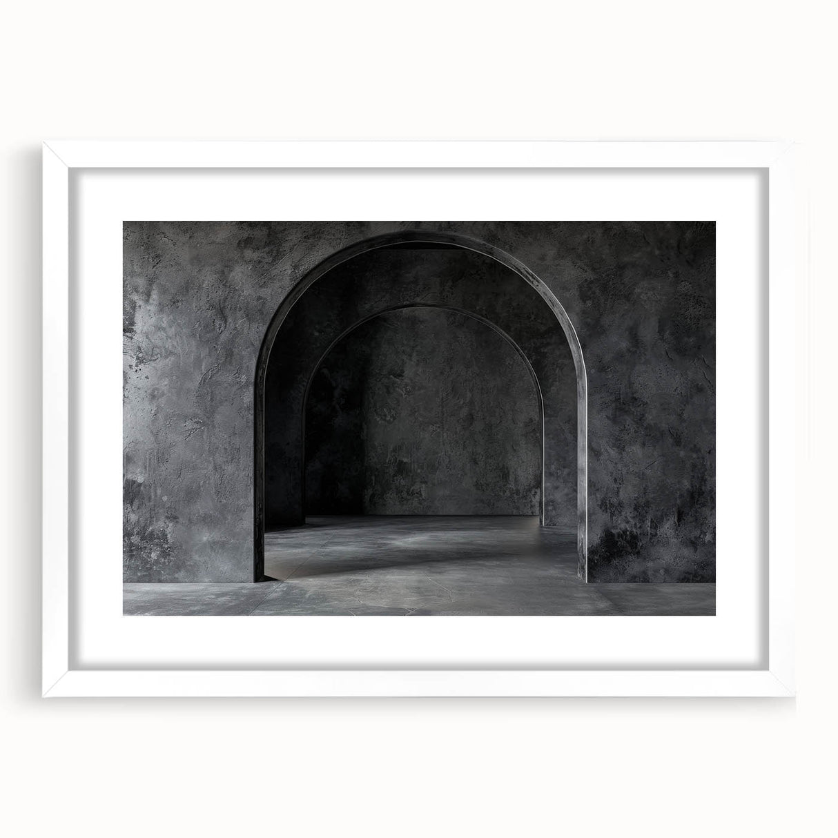 Extra large abstract art print featuring textured arch designs in neutral tones, framed with a white mat.