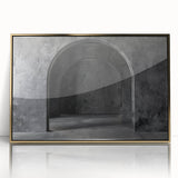 Mid-century modernist art featuring symmetrical arch designs in muted gold tones on a framed acrylic print.