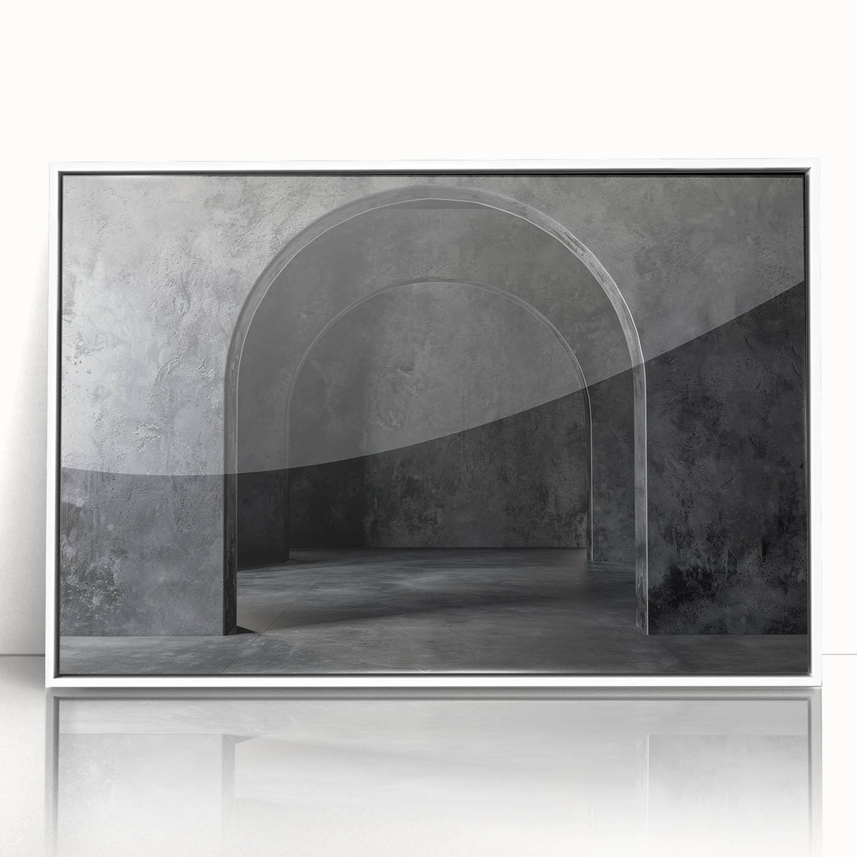 Mid-century modernist arch design in muted earth tones on a large framed acrylic print, suitable for modern art wall decor.