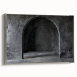 Framed canvas of vintage poster art featuring black architectural arches, ideal for bedroom wall decor.