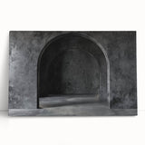 Large black and white photo of architectural arches on stretched canvas, suitable for kitchen wall art.