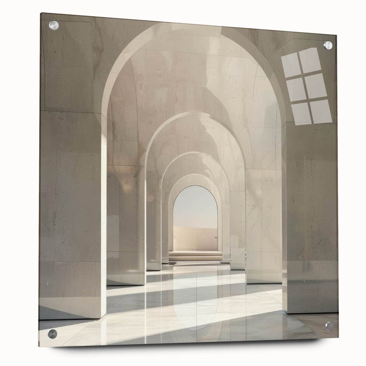 Large abstract wall art featuring arch designs in muted tones on acrylic glass, suitable for bedroom or dining room decor.