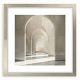 Textured abstract art print featuring a series of arches in muted gray tones on a silver-framed mat, ideal for bedroom decor.
