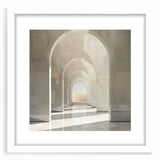 Extra large abstract art print featuring textured arches in monochrome shades, framed in white.